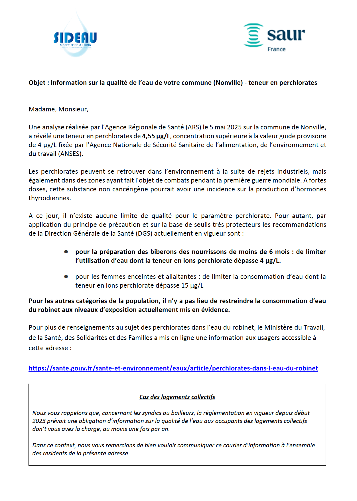 Information sur la qualité de l’eau de votre commune (Nonville) - teneur en perchlorates